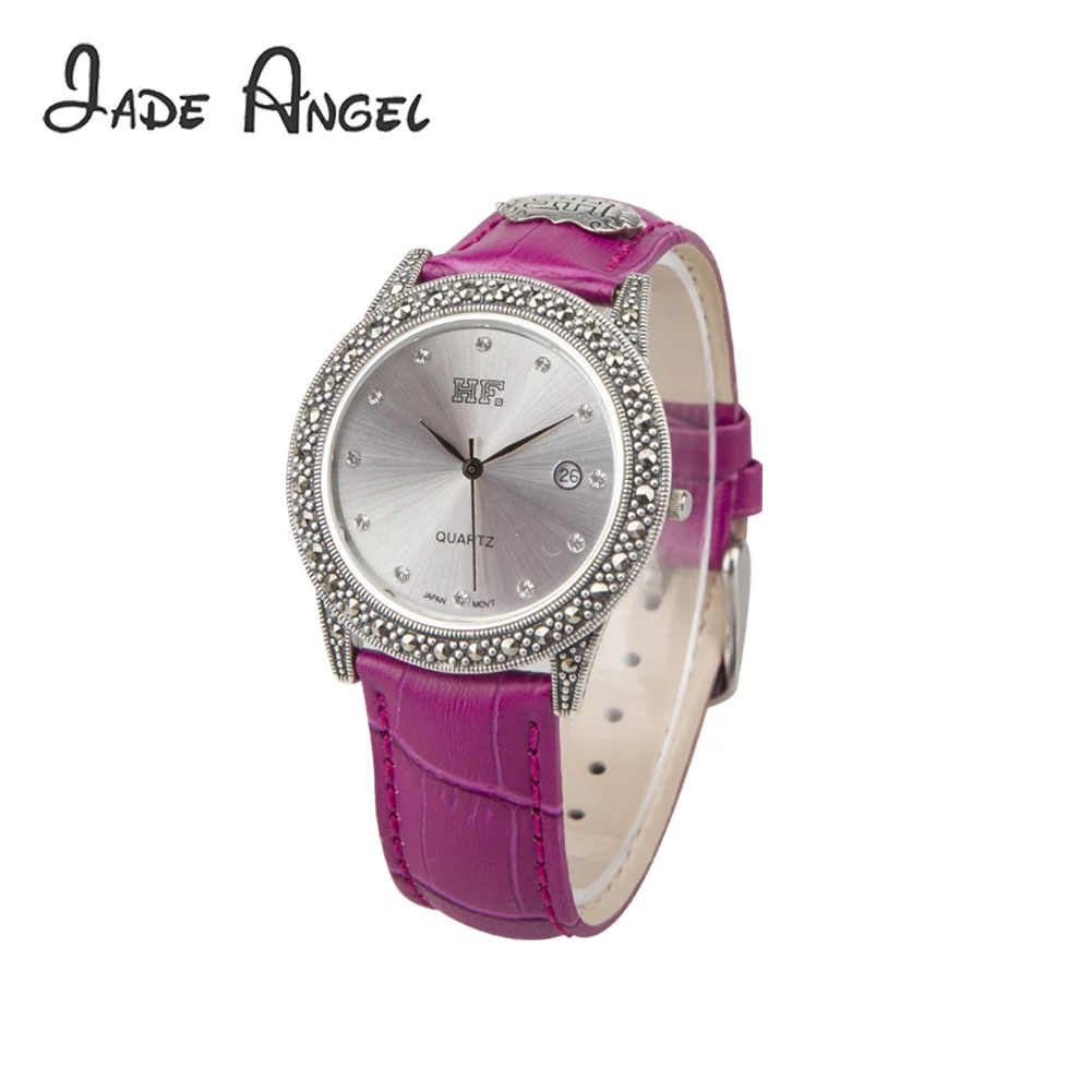 

Jade Angel 925 Sterling Silver Bracelet 4cm Round Clock Dial Vintage Women Man Wrist Watch Fine Jewelry With Calf-leather Strap
