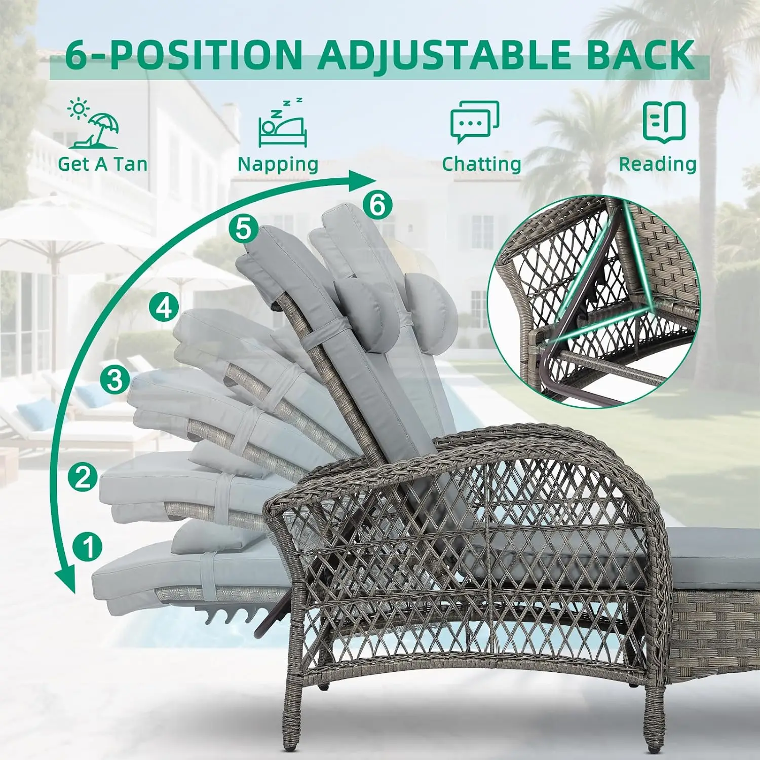 3 Pieces Outdoor Wicker Chaise Lounge Chair Set, All-Weather PE Rattan Cushioned Patio Lounger Set Of 2 With Side, Customized