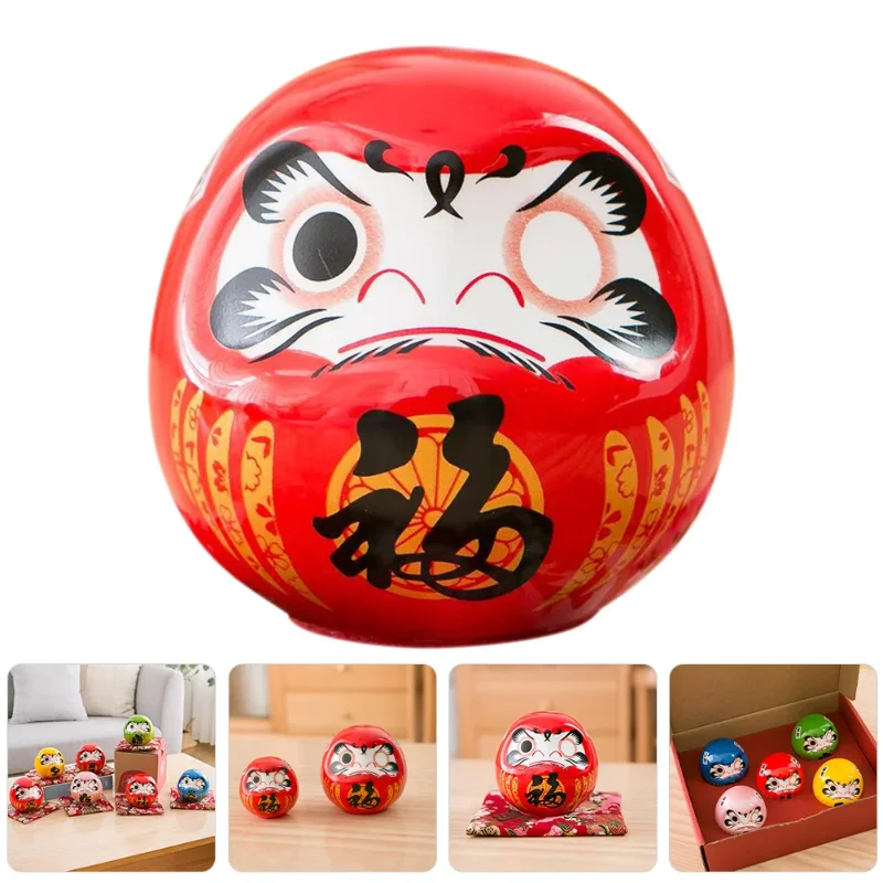 Red Ceramic Daruma Tumbler Statue - Little Bodhidharma Japanese Figurines Ornament for Home Decor