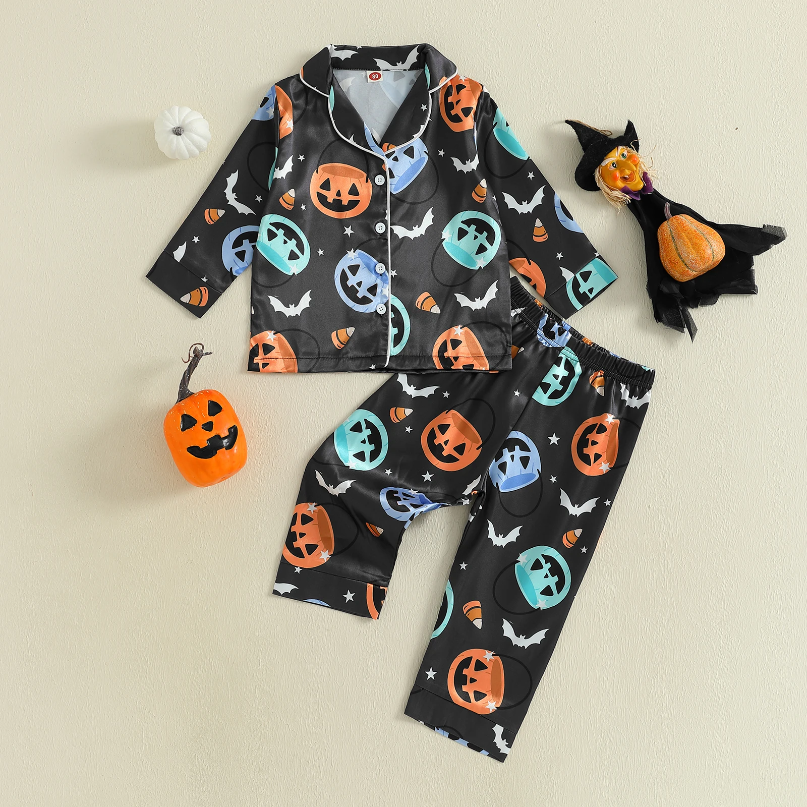 

Kid Boys Girls Halloween Satin Pajamas Set Pumpkin Print Long Sleeve Lapel Button Down Tops with Pants 2 Pieces Sleepwear