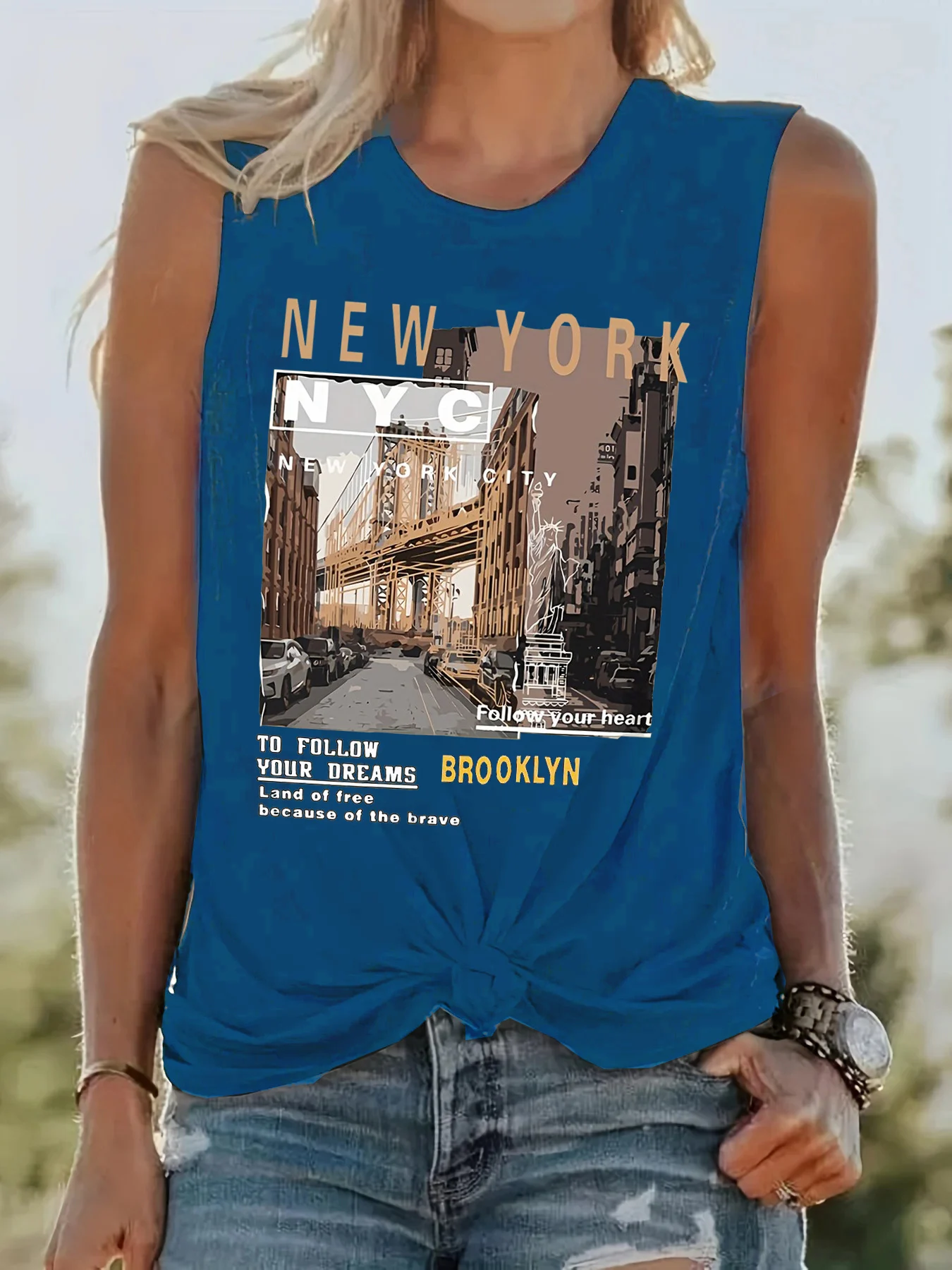 Women's Summer NEW York Crew Neck Breathable Pattern Print Large Casual Round Neck Sleeveless Loose Tank Top T-shirt