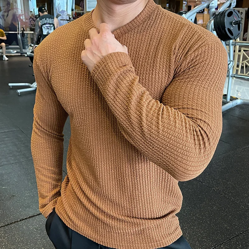 Knitted T-shirt Men's Casual Tshirt O Neck Pit Cloth Long Sleeved Shirt Tight Elastic Pullover Muscle Men's Base Shirt Fitness