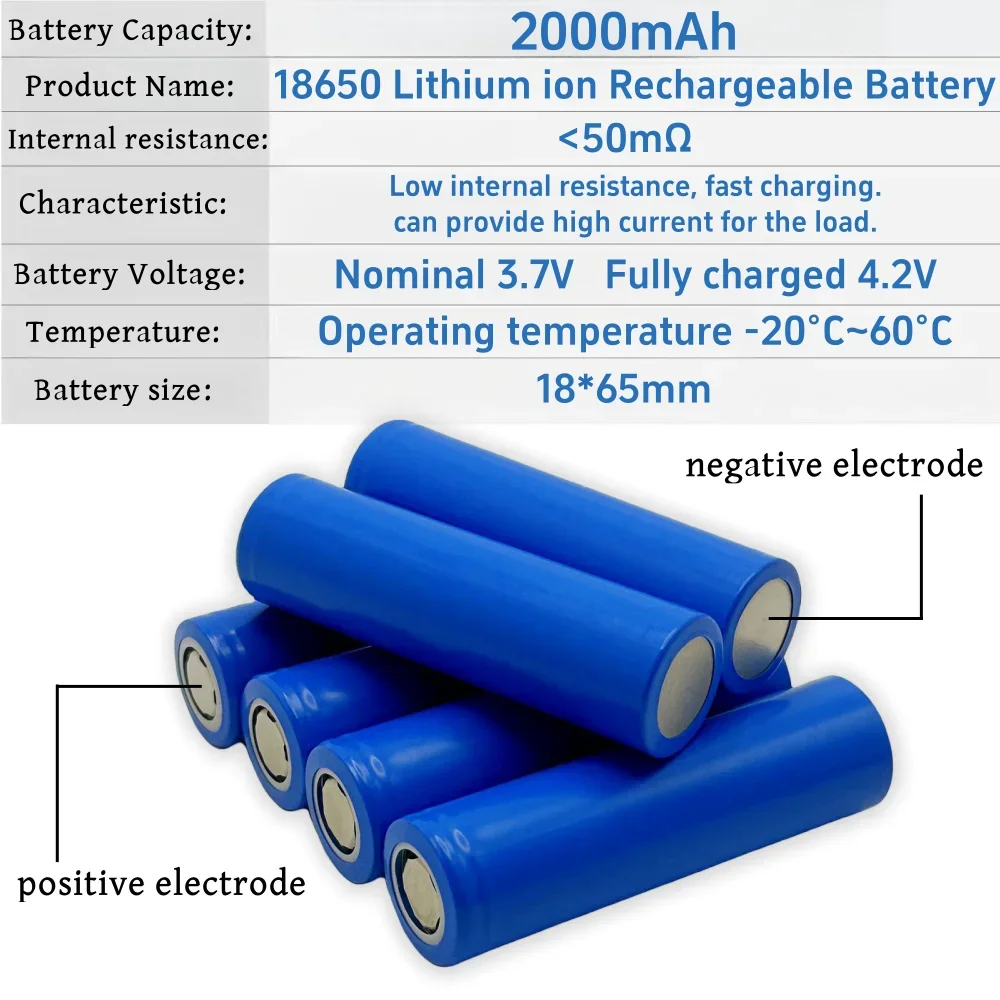 Bateria Recarregável de Lítio-íon, Adequado para Ventilador de Brinquedo, Lâmpadas Laptop, Banco de Potência, Lanterna e Outros Eletrônicos, 18650, 3.7V, 2000mAh