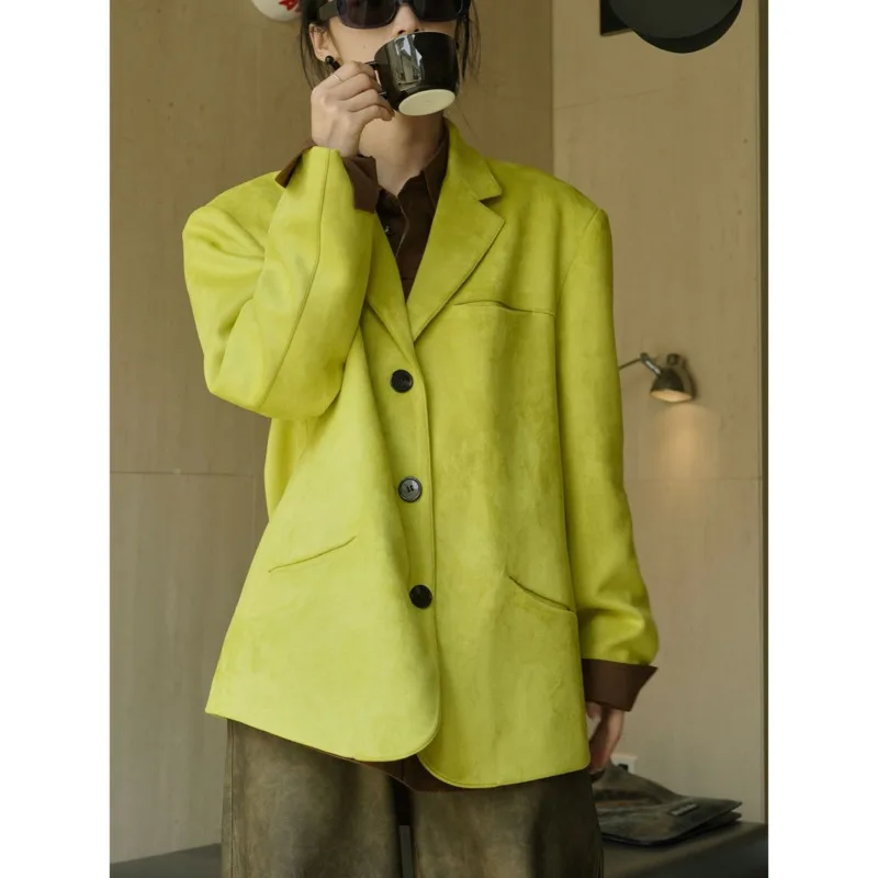 Traje Vintage de ante con bolsillo curvo para mujer, chaqueta recta holgada con cuello de solapa, abrigo de botonadura única, Invierno