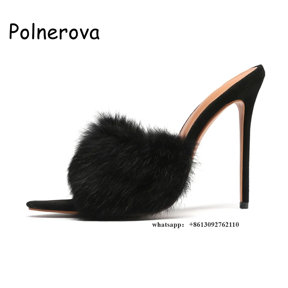 Black Pointed Toe Slippers with Fur Women Summer Sexy  One Belt Word Solid Fluff Shoes Lady Party Casual  High Heels Sweet Shoes