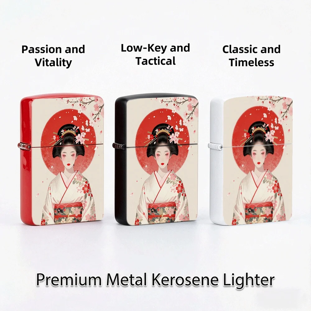 Flip Top Lighter Japanese Geisha Cherry Blossom Ukiyo‑e Art Pattern lighters vintage lighters for smokers Collectible Hobby Gift