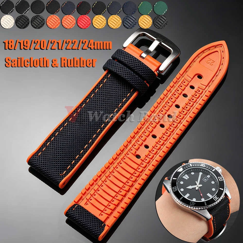 Image of Nylon-Segeltuch-Gummi-Hybrid-Uhrenarmband 18mm 19mm 20mm 21mm 22mm 24mm Silikon Wasserdichtes Uhrenband Orange Blau Herren-Armbänder
