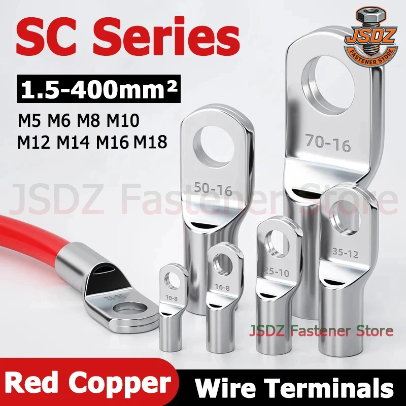 1-50pcs SC-1.5 2.5 4 6 10 16 25 35 50 70 95 120 150 185~400 Wire Nose Copper Terminals Battery Cable Lugs M5 M6 M8 M10 M12M14M16