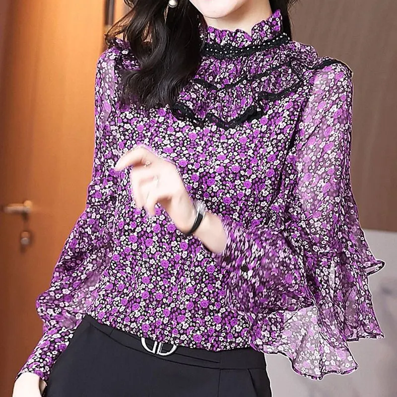 Vintage Broken Flowers Printed Shirt Female Clothing Stand Collar Lace Spring Autumn Long Sleeve Stylish Ruffles Spliced Blouse