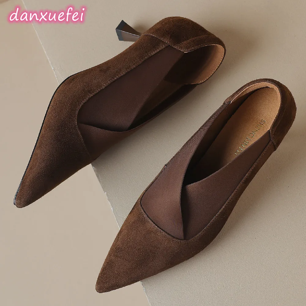 Women's pumps 5.5cm High Heel Stiletto elegant Ladies Dress Pumps Fashion Cross Strap OL style heels natural suede leather shoes