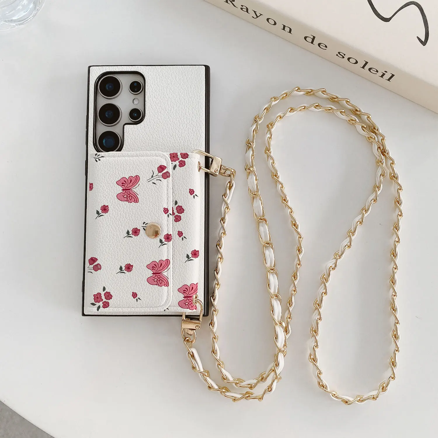 Rosa Schmetterling Metall Lange Kette Multifunktions-Kartenhalter PU-Leder Handyhülle für Samsung Galaxy S25 Note 20 A53 S24 A52 S23