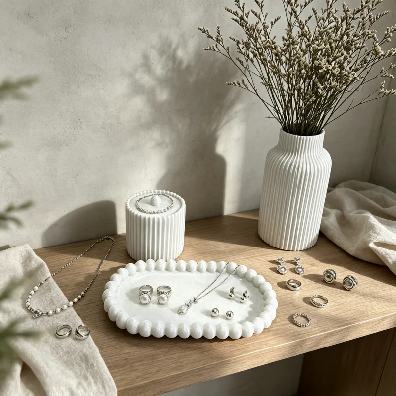 Cute White Vertical-Striped Cotton Swab Storage Set with Vase and Beaded Edge Tray, Waterproof Bathroom Cotton Swab Storage Jar, Small Dried Flower Vase, Bathroom Vanity Shelf Decoration