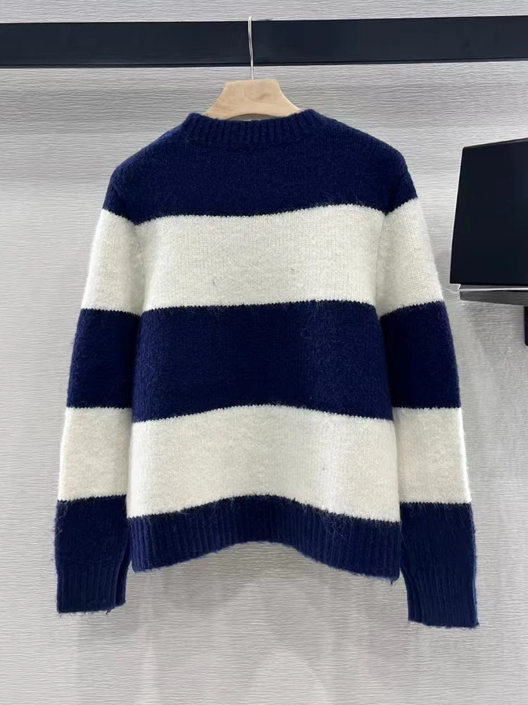 2024 Winter women's new vintage color-matching striped mohair crew neck sweater Fashion all-in-one straight tube knit pullover