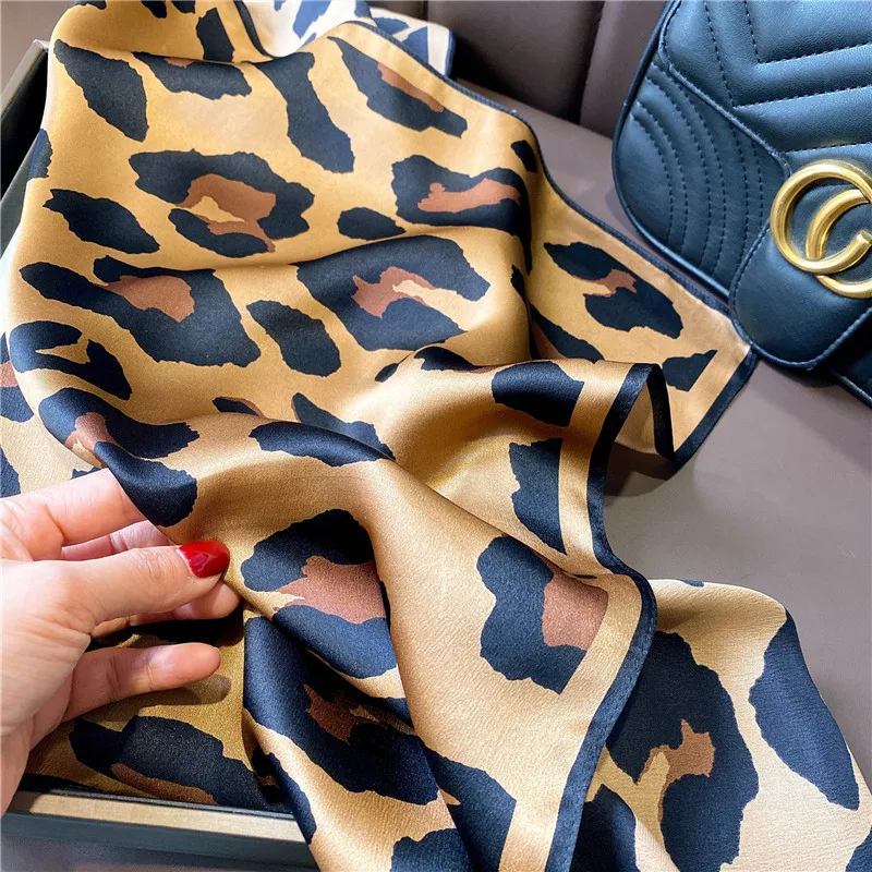 70cm Leopard Print Silk Scarf for Women Imitation Silk Scarfs Fashionable and Versatile Headwear Clothing Square Scarf