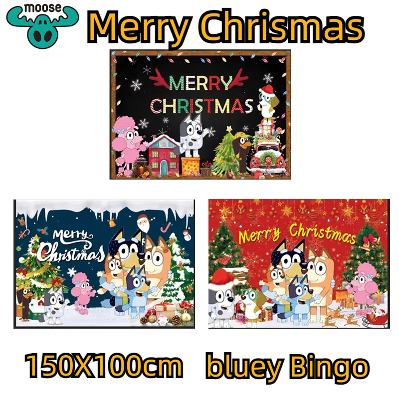 Moose Bluey Anime Bluey Bingo Family Christmas Holiday Background Banner 150x100cm Children'S Holiday Party Backdrop Decoration