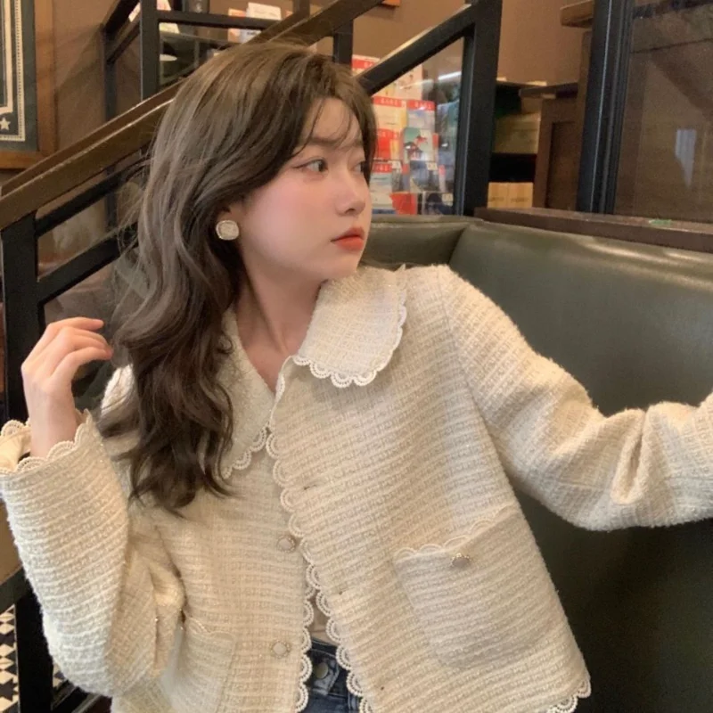 Solid Color Button Pocket Long Sleeve Gentle Doll Collar Short Coat Women's Korean Style Top