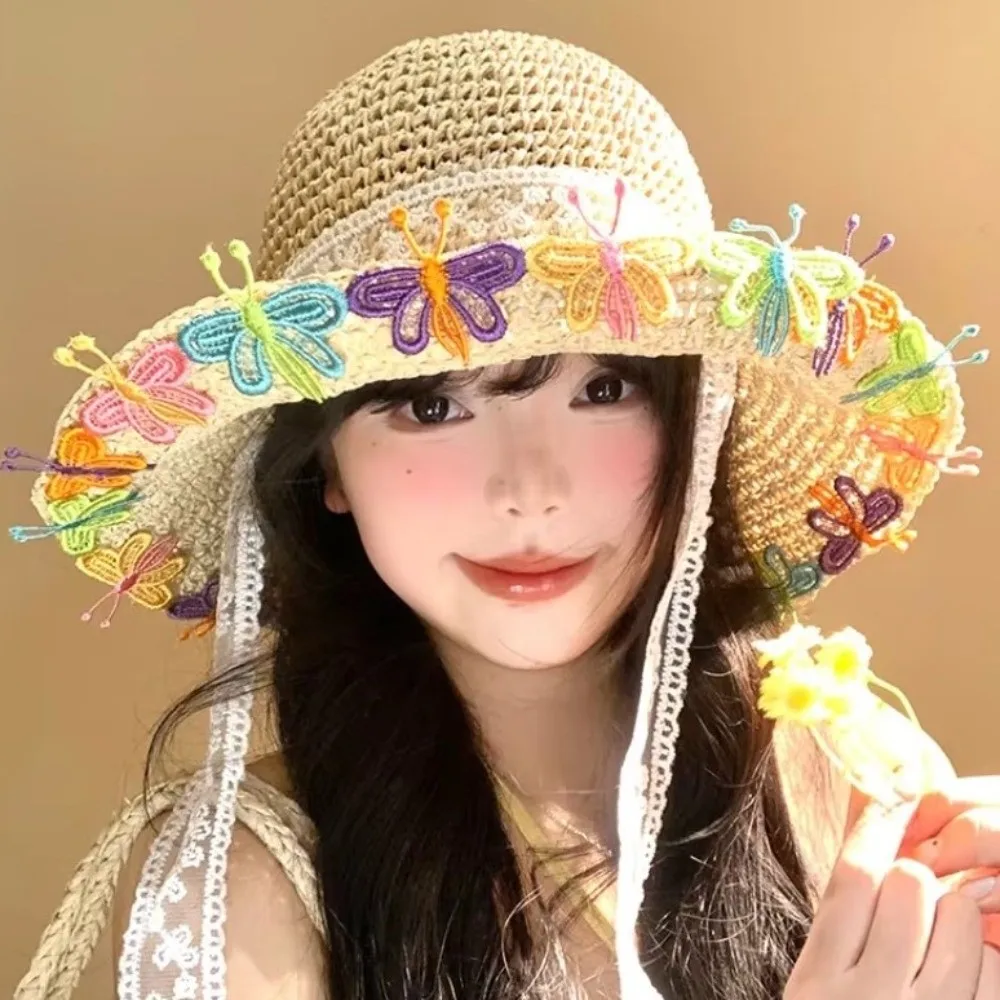 Ethnic Breathable Sun Protection Straw Hat Nylon Lightweight Sunshade Hat Hollow Out Floral Tie Fisherman's Hat Women