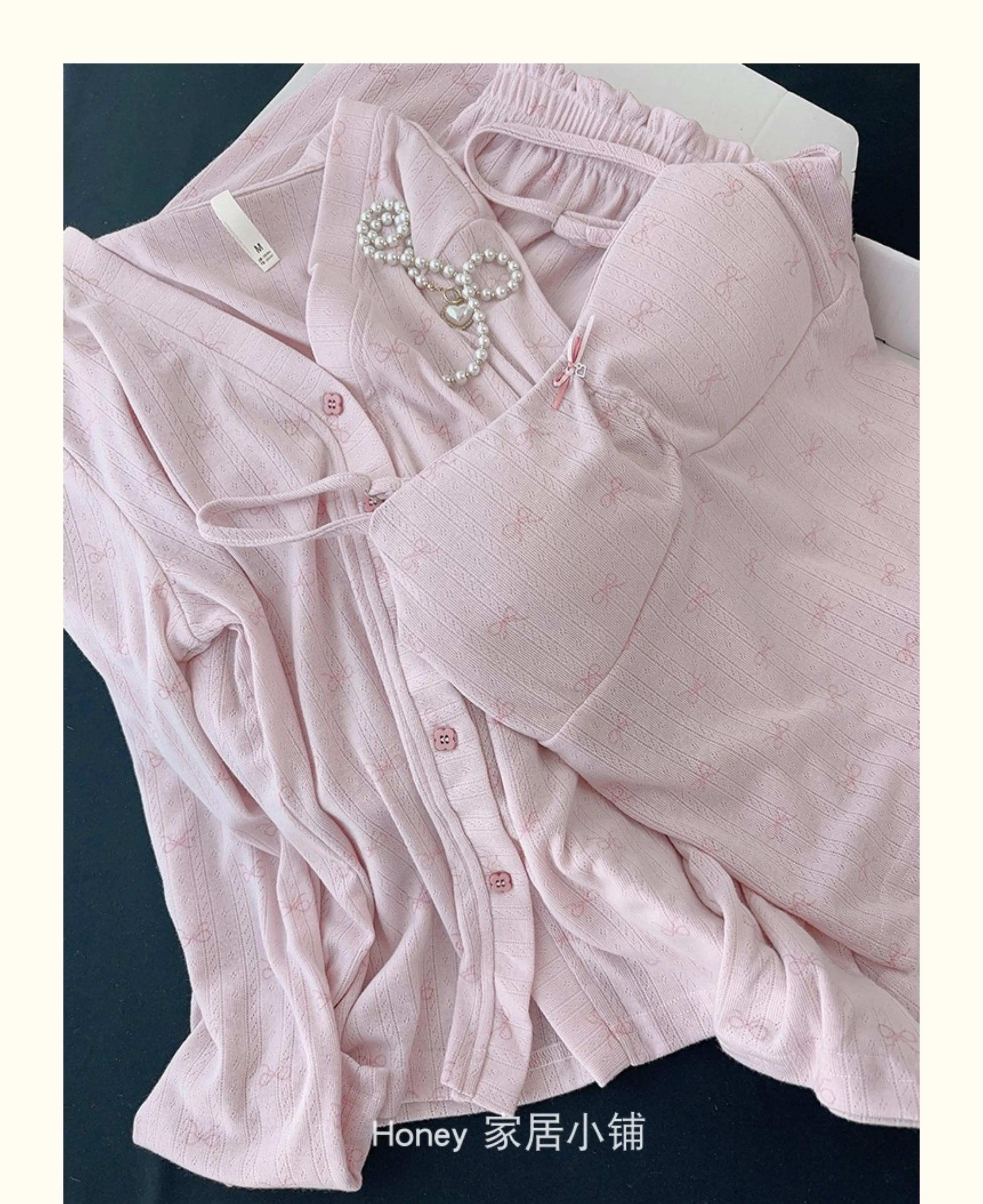 Japanese Sweet Girl Comfortable Bow Long-sleeved Pajamas Skin-friendly Breathable Casual Suspender Loungewear Three-piece Set