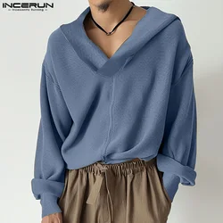 INCERUN Men Pullovers Solid Color V Neck Long Sleeve Knitted Hooded Casual Sweaters Streetwear Autumn 2024 Fashion Men Clothing