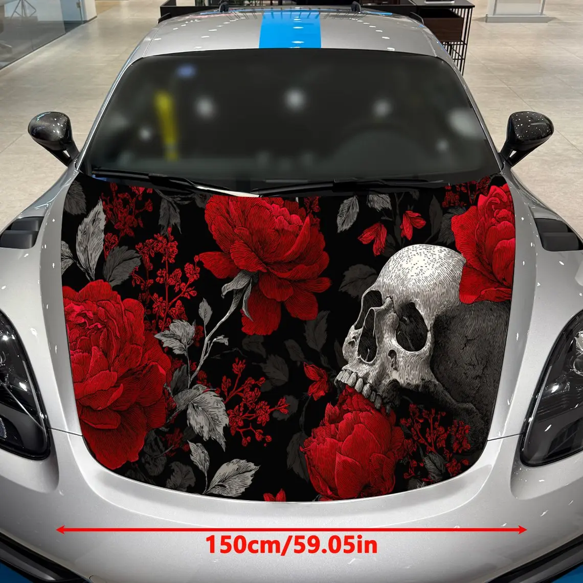 Car Decal Scarlet Floral with Bone-White Skull: Gothic Dark Aesthetic Car Hood Sticker, Waterproof Self - Adhesive Vinyl Graphic