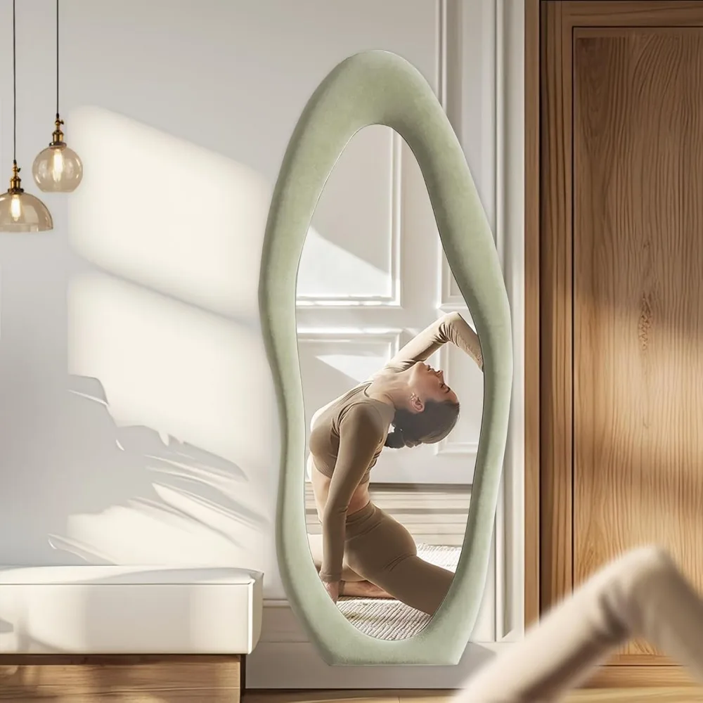 مرآة لكامل الجسم مثبتة على الأرض مع حامل، إطار من الفلانيل المريمية مقاس 63 × 24، معلق على الحائط، شكل غير منتظم، مثالي لديكور المنزل