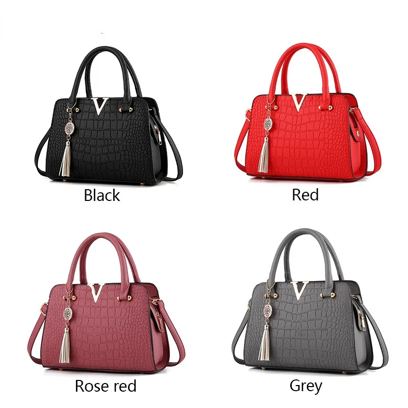 Fashion Women Handbags Tassel PU Leather Totes Bag Top-handle Embroidery Bag Shoulder Bag Lady Simple Style Crocodile pattern