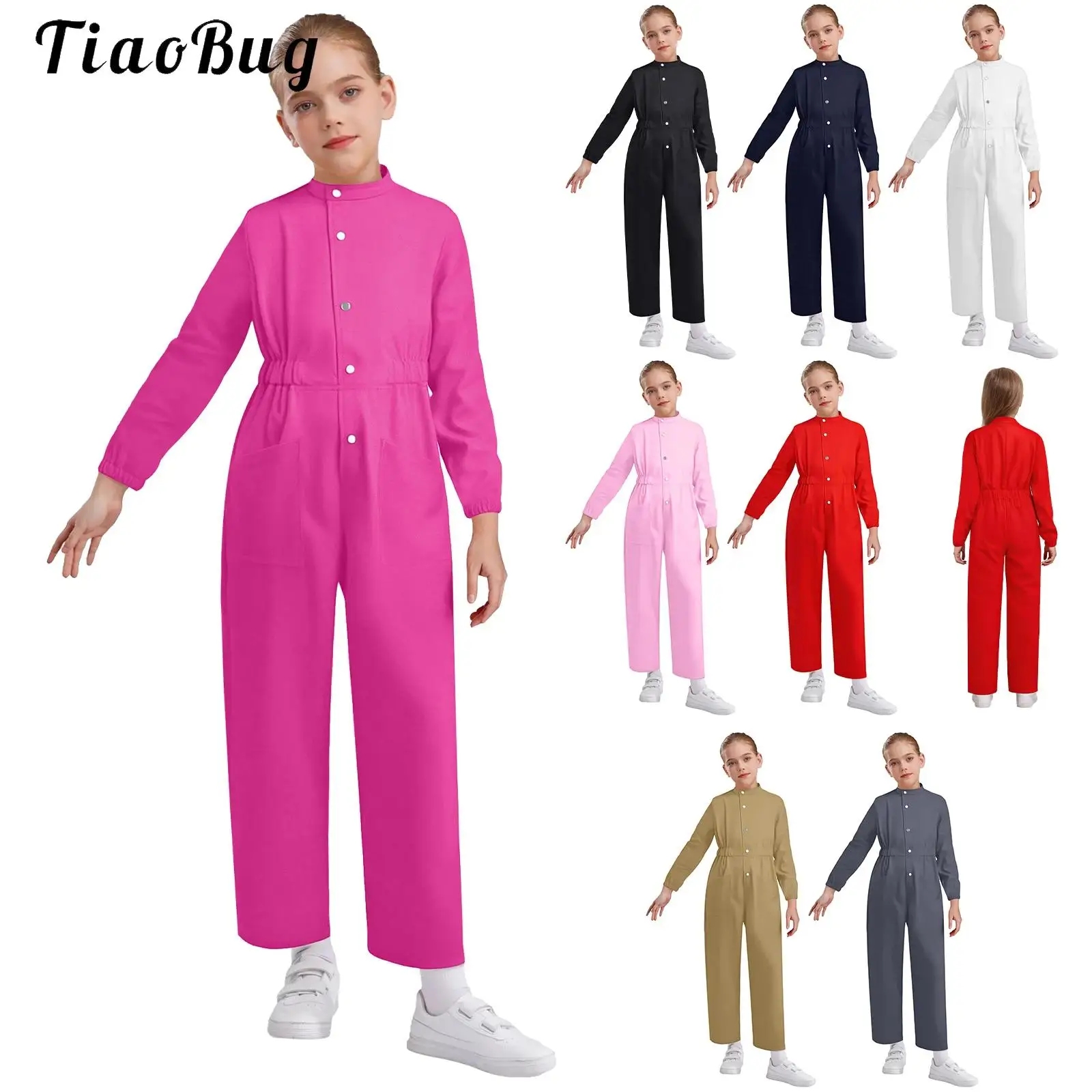 Girls Press Buttons Coverall Boys Mechanic Jumpsuit Flightsuit Boiler Suit Long Sleeve Cargo Overalls for Halloween Dress Up