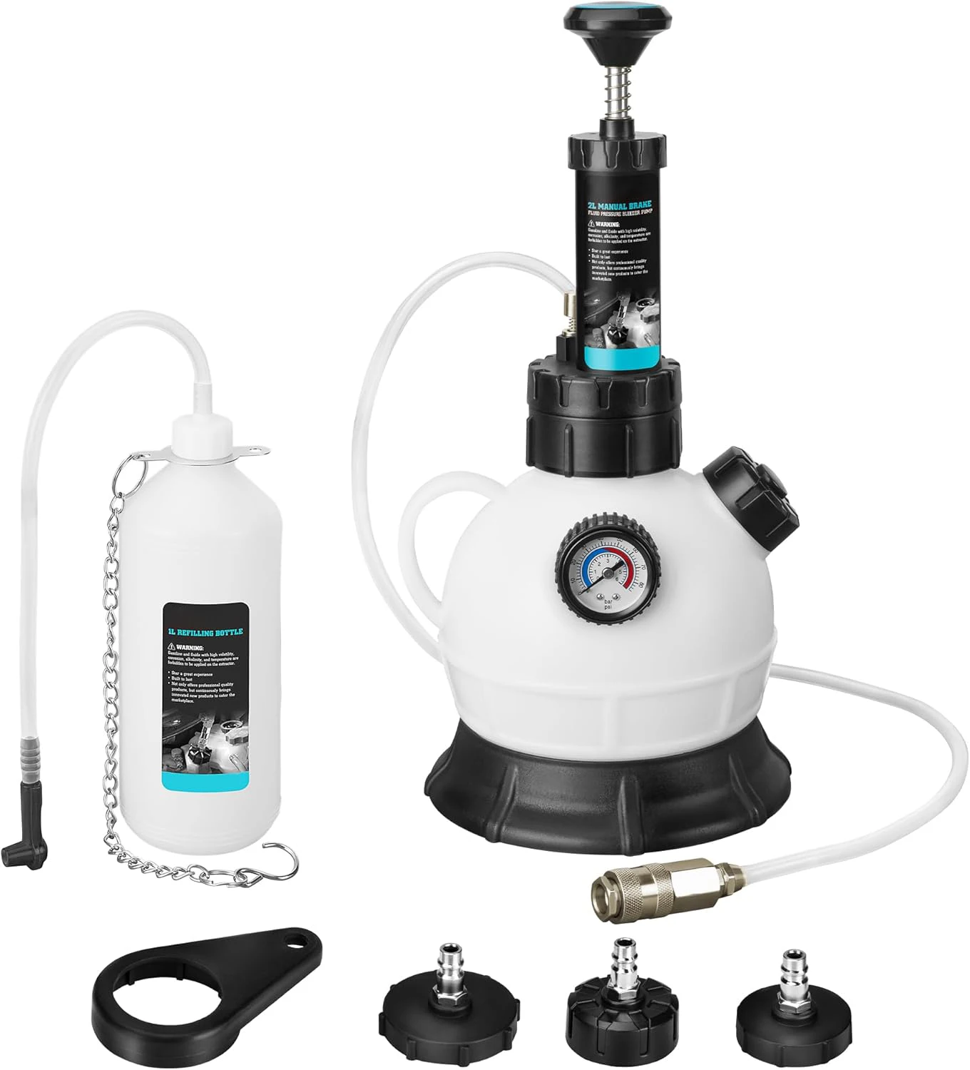 Kit de purge de frein à pression professionnel pour une utilisation par une seule personne, purgeur de 2 L avec bouteille de rechargement de 1 L et 3 adaptateurs, compatible avec la plupart des