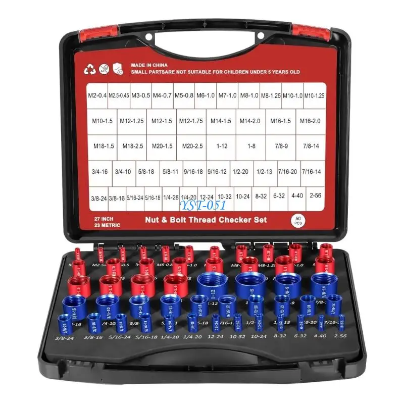 

E15A 55 Piece Nut Bolt Thread Checker Set Standard Metric Gauges Aluminum with Storage Case for Professional DIY Enthusiasts