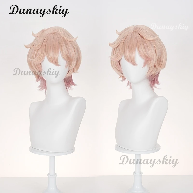 داليا شعر مستعار تأثيري جينشين تأثير الوردي التدرج الشعر القصير مصاص دماء Heterochromia فونتين Mondstadt الألياف الشعر + غطاء شعر مستعار