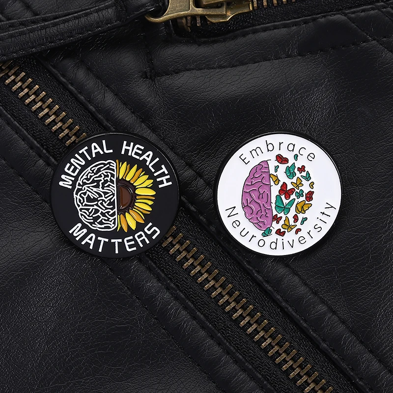 Mental Health Matters Pin Neurodiversity Brooch Brain Butterfly Sunflower Design Positive Awareness for Backpack Decoration