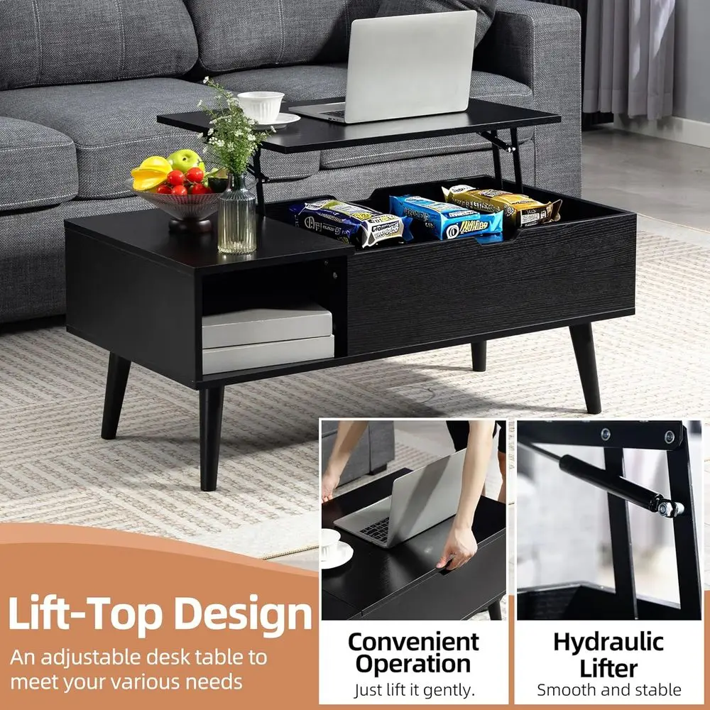リフトトップ付き多機能コーヒーテーブル、USB-C充電、LEDライト、電源コンセント、リビングルーム/ホームオフィス用収納、B