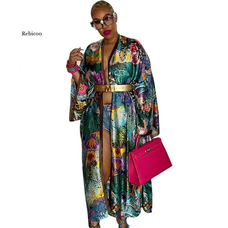 

Printed Loose Long Coat Faux Silk Fashion Casual Windbreaker Cardigan African Dresses For Women Robes Party Autumn 2022