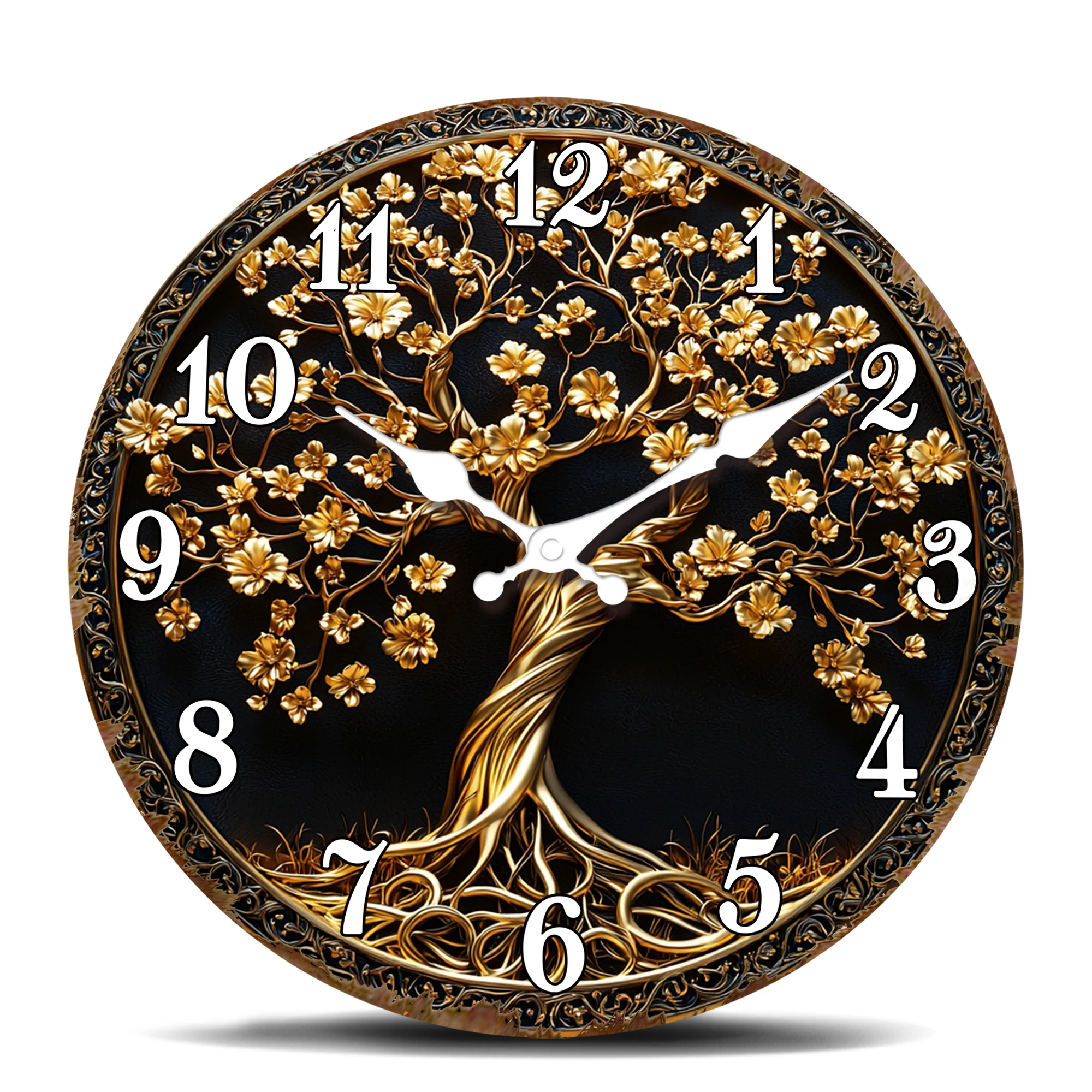 Goldener Lebensbaum mit Filigranen Details Wanduhr, Luxuriöse Verzierte Runde Dekorative Uhr, Elegante Heimdekoration Zeitmesser