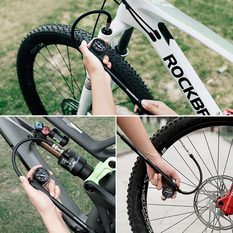 ROCKBROS Portable Bike Pump High-pressure Gauge 300psi Fork Tire Air Inflator Pump Cycling MTB Road AV FV Valve Bicycle Pump