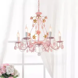 Pink Rose Flower Crystal Bouquet Chandeliers Princess Room Girl Bedroom Lamps Korean Pastoral Style Children's Room Chandelier