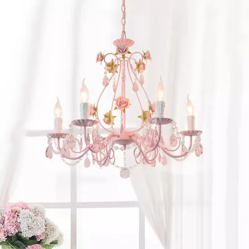 flor rosa rosa rosa cristal buque lustres candeeiros do quarto da princesa estilo pastoral coreano candelabro do quarto das criancas quarto da menina 01