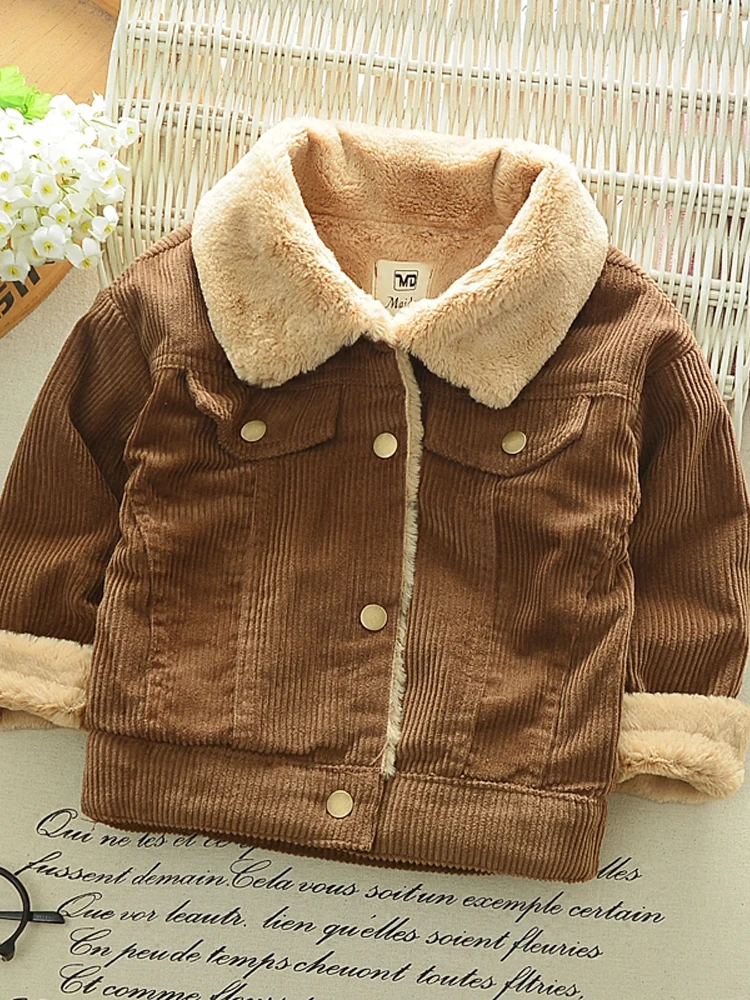 Corduroy Plush Jacket 2023 New Autumn/Winter Boys Girls Thickening Single Breasted Cotton Top Casual Fashion Warm Baby\'s Coat