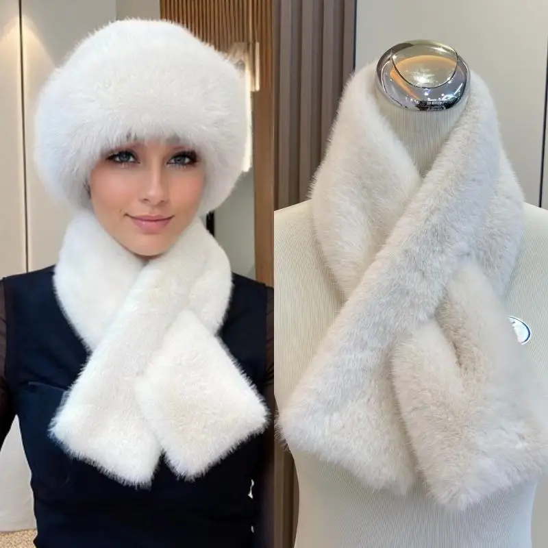 Bufanda gruesa y cálida con cuello cruzado para mujer, bufandas a prueba de frío de piel sintética de conejo de Color sólido, calentador de cuello peludo suave a la moda