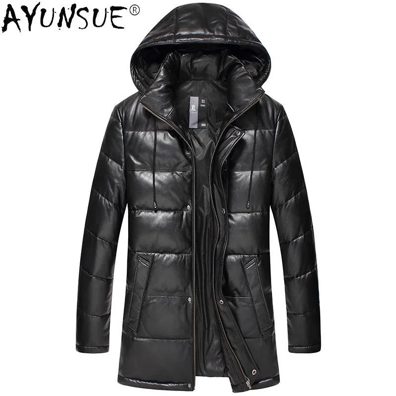 

AYUNSUE Real Sheepskin Leather Jackets Mens Coats Genuine Leather Down Coat Male Warm Hooded Black Pakas Veste Cuir Homme SQQ295