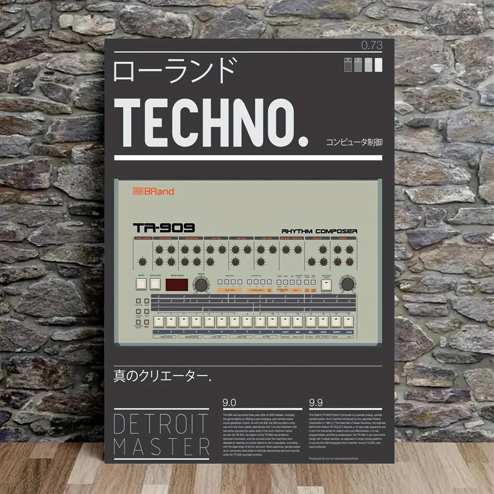 Frameless DETROIT MASTER Canvas Poster - Techno Music Artwork with Vintage TR-909 Drum Machine Design, Minimalist Black,White W