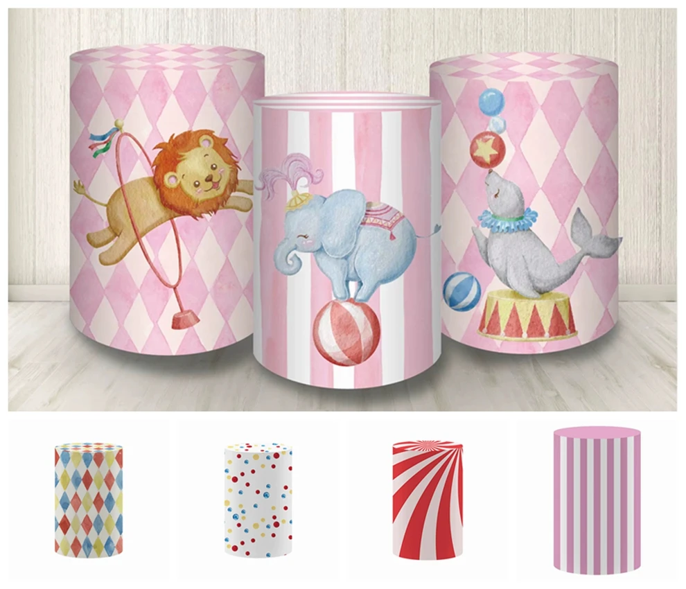 

Circus Themed Column Background Cover Customized Lion Baby Elephant Dolphin Polka Dots Birthday Party and Baby Shower Decoration