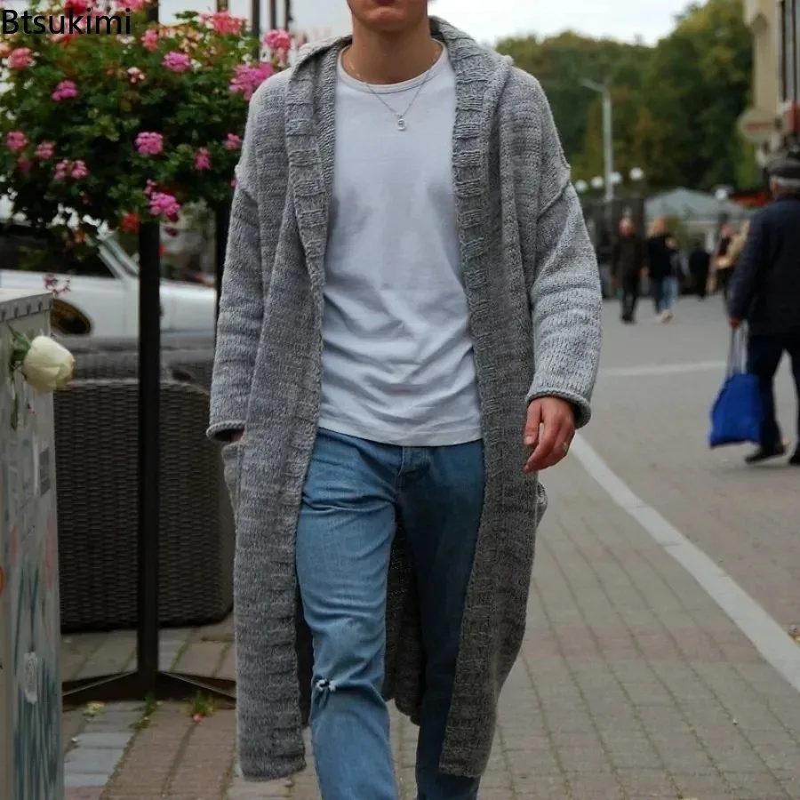 

New 2025 Mens Knitted Cotton Cardigan Fashion Long Sweaters Male Casual Solid Long Sleeve Slim Outwear Autumn Winter Warm Hoodie