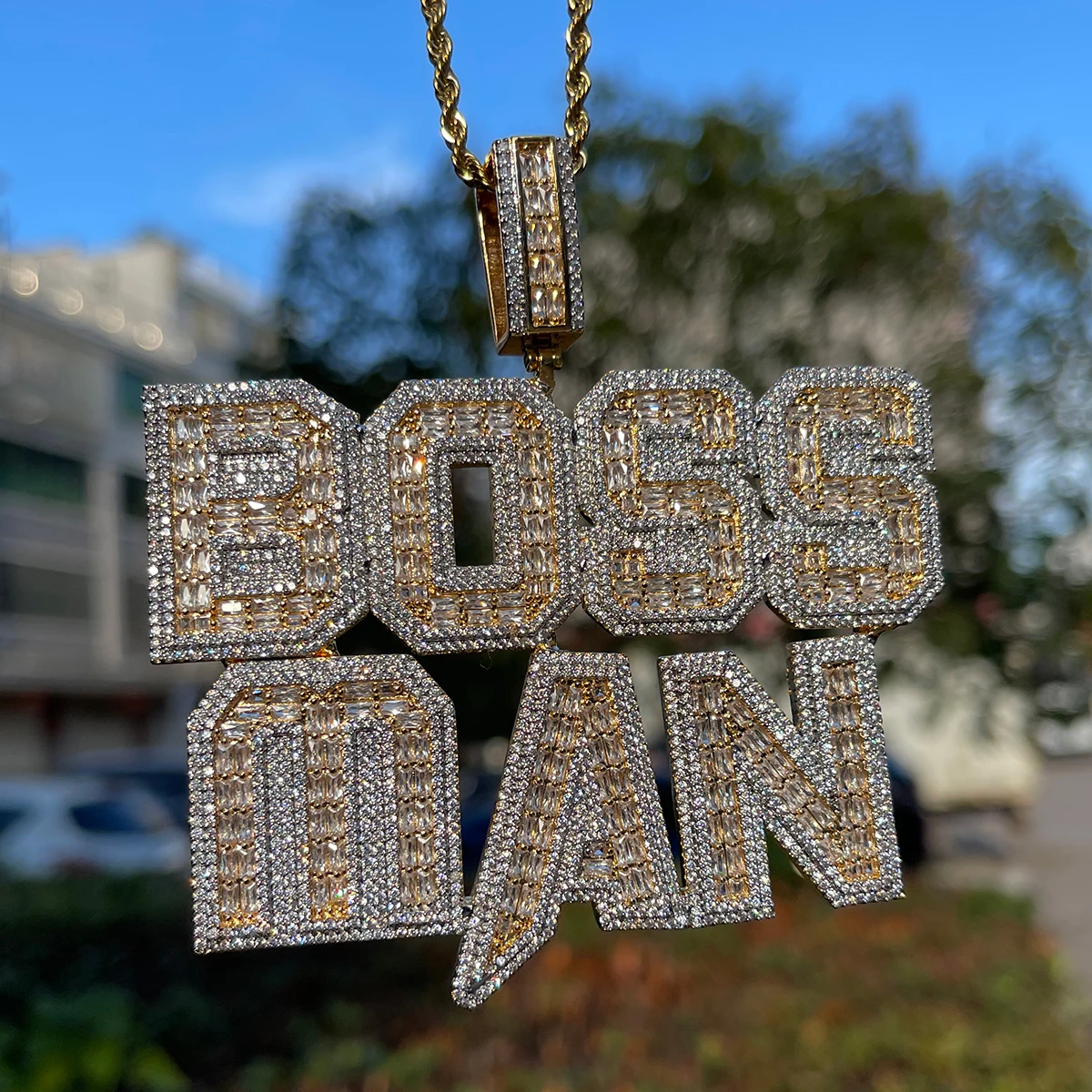 Bubble Letter Baguette Customized Necklace for Men Name Plates Pendant Personalized Iced Out Charm Hip Hop Jewelry