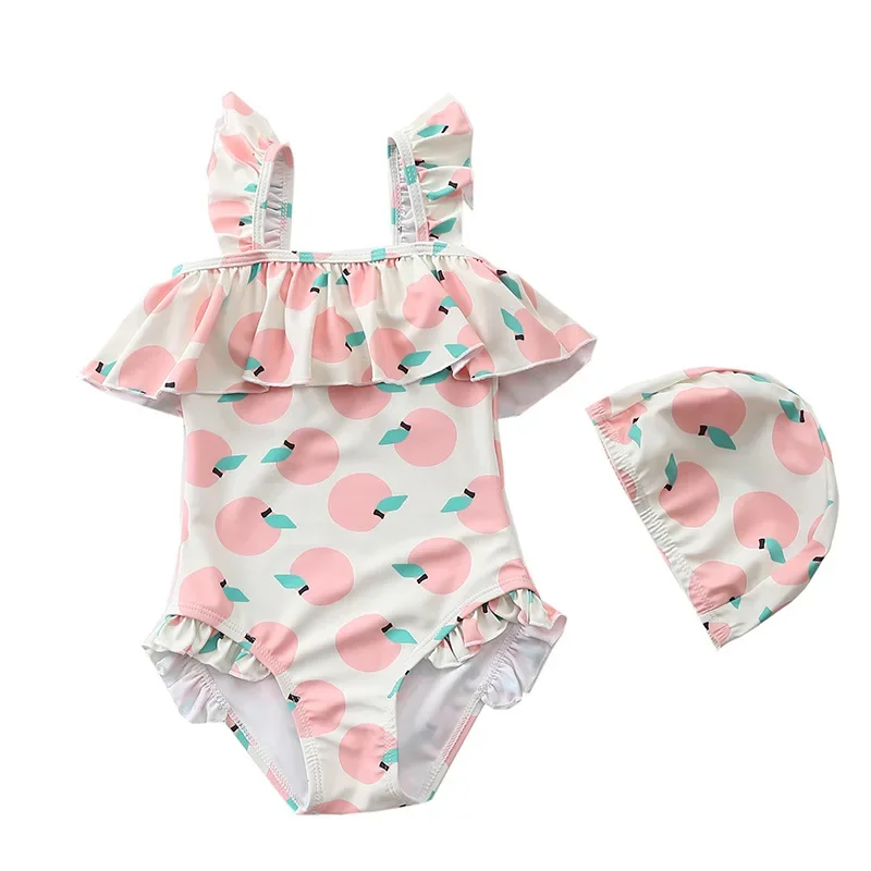 Kids Girls Swimsuit Cute Cartoon Apple Unicorn One-Piece Swimming Suit + Hat Swimwear Summer Beach Clothing Children Swimsuits