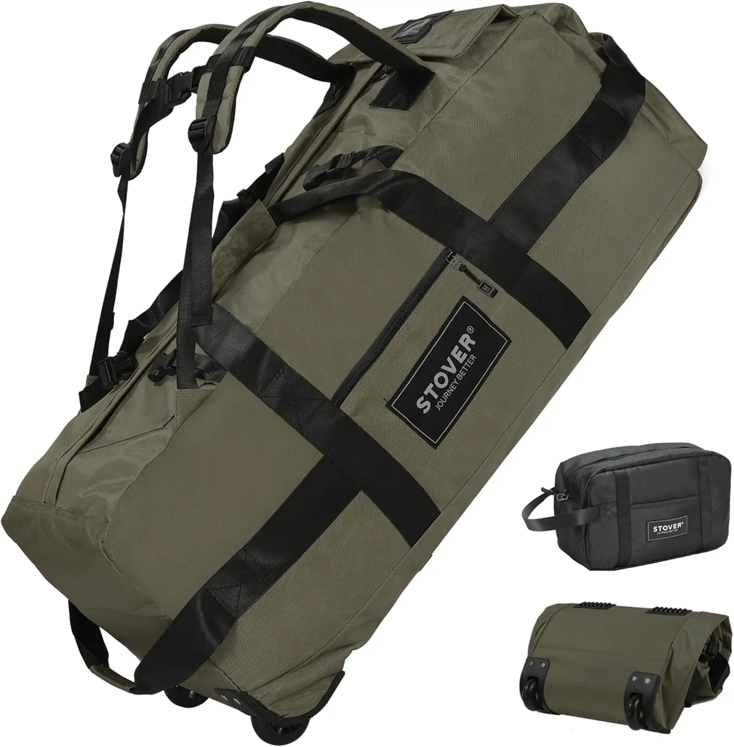 

100L Rolling Duffel Bag with Wheels, Heavy Duty Travel Duffle, Waterproof, Backpack Straps, Toiletry Bag Included, Green