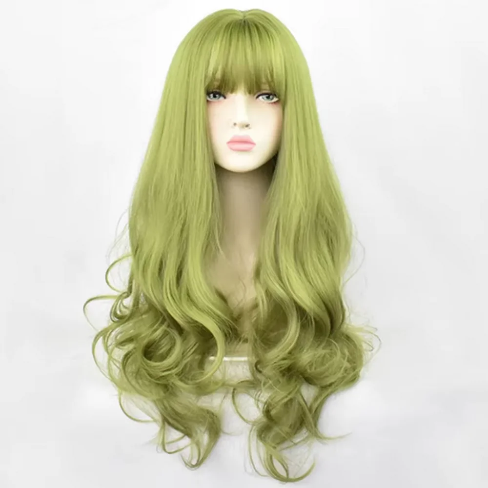 Synthetic Wigs Long Green Body Wavy Wig With Bangs For Women Cosplay Christmas Party Heat Resistant Fiber