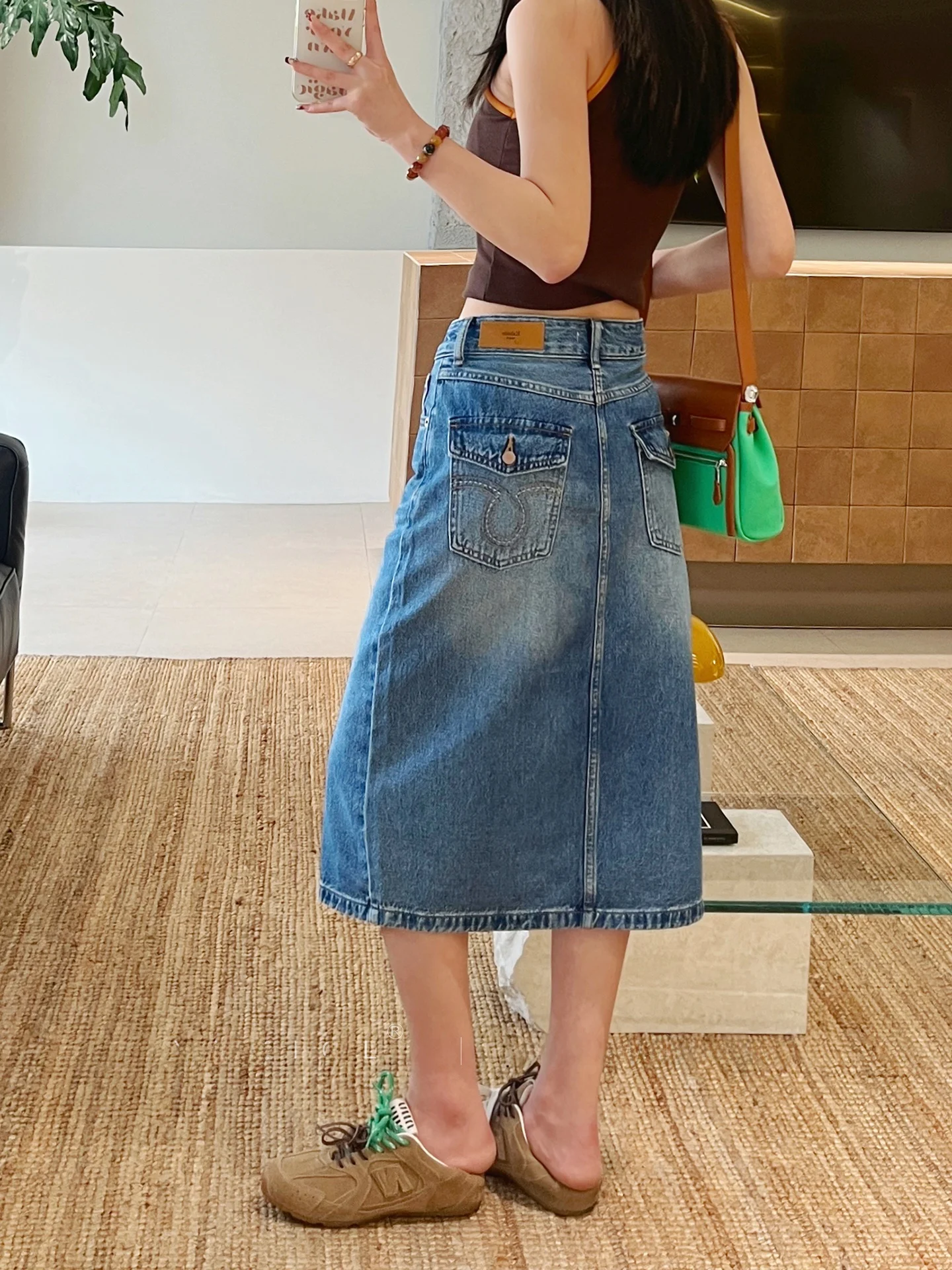 

High Waist A-Line Midi Denim Skirt for Women Retro Double Pocket Back Split Commute Korean Style Cotton Blend Washed Fabric
