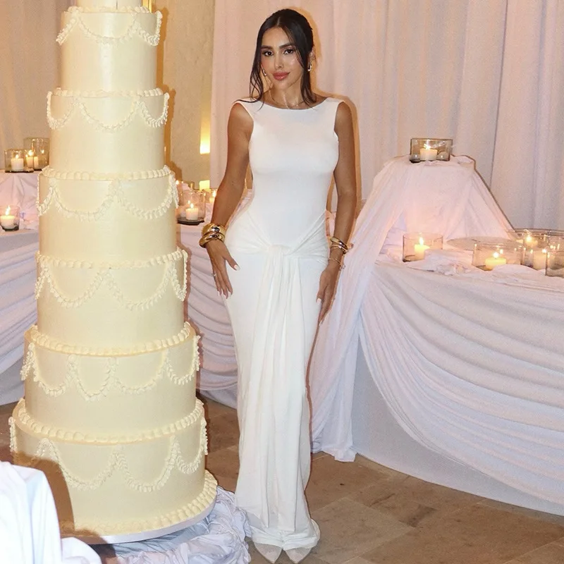 فستان نسائي خريفي جديد أوروبي وأمريكي بلون سادة ورقبة دائرية بدون أكمام وخصر نحيف مثير بدون ظهر للنساء #2