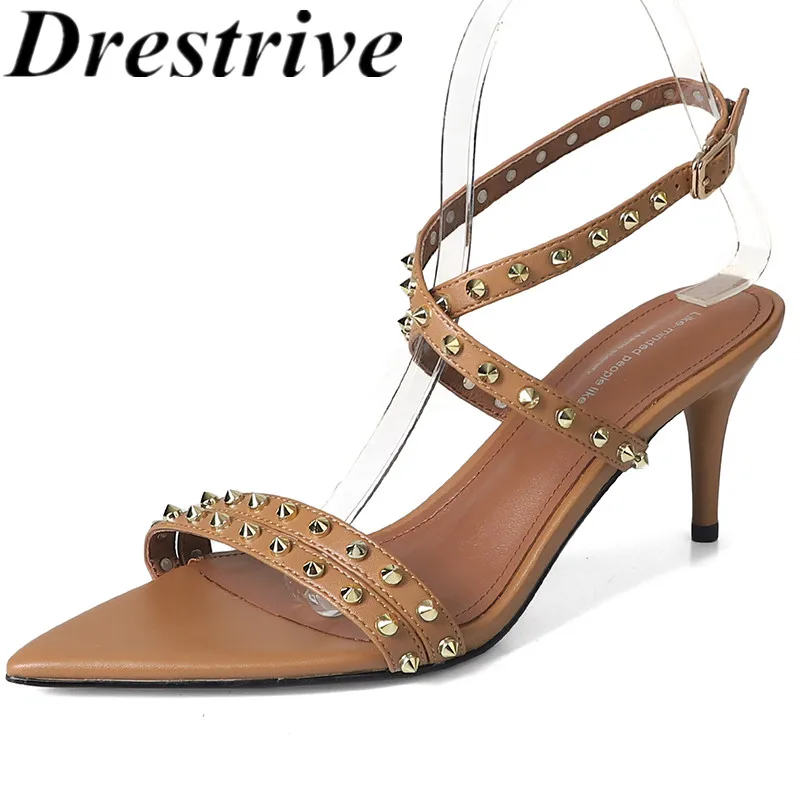 

Drestrive Handmade 2024 New Fashion Women's Sandals Cow Split Leather Pointed Toe Rivets Summer Shoes Party Buckle High Heels